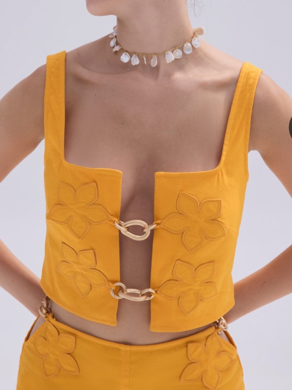 cult gaia Yellow Floral-Embroidered Annie Crop Top with Gold Links